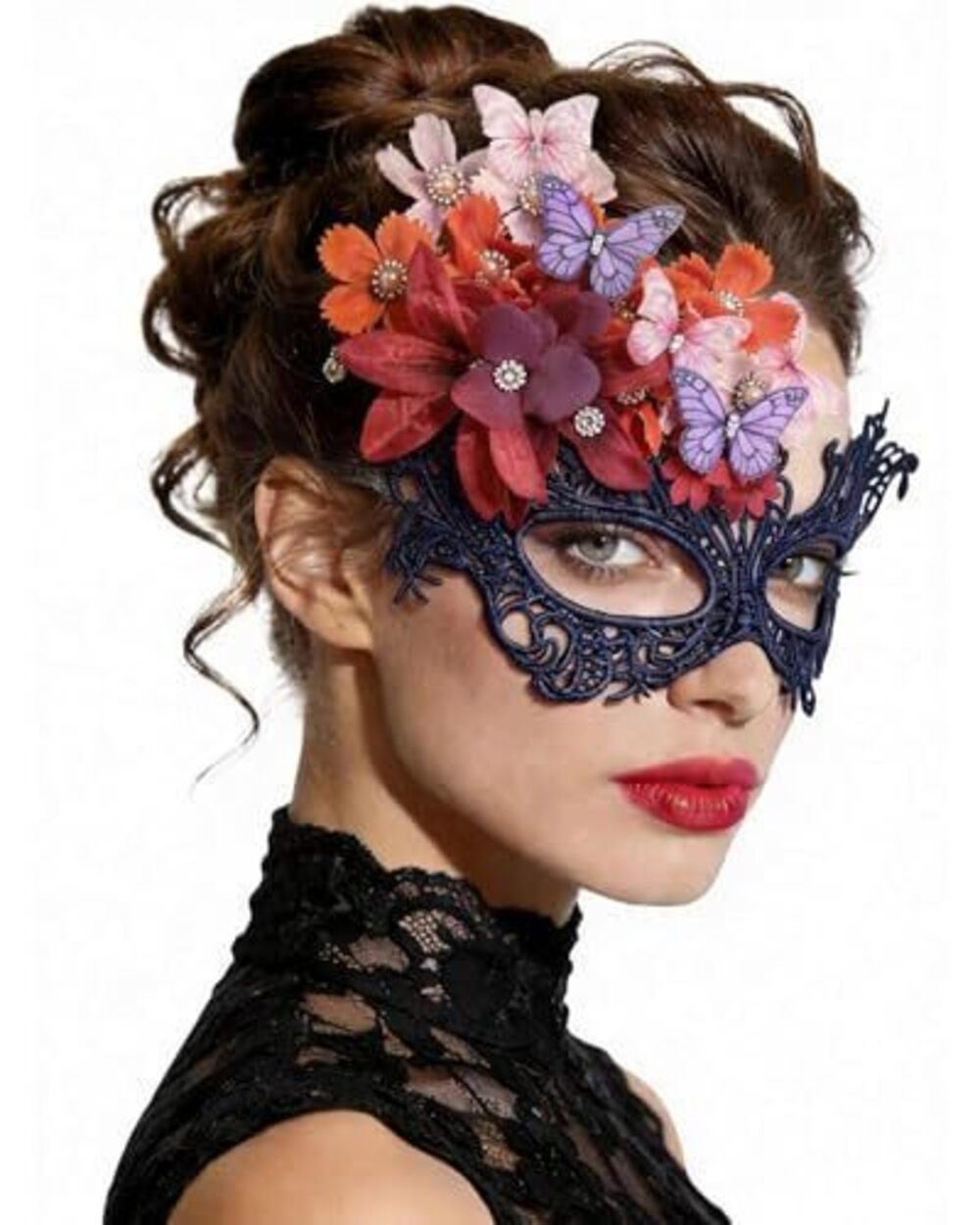 5832 Vintage Flower Masquerade Mask - 1920s 50s Black Purple Butterfly Lace